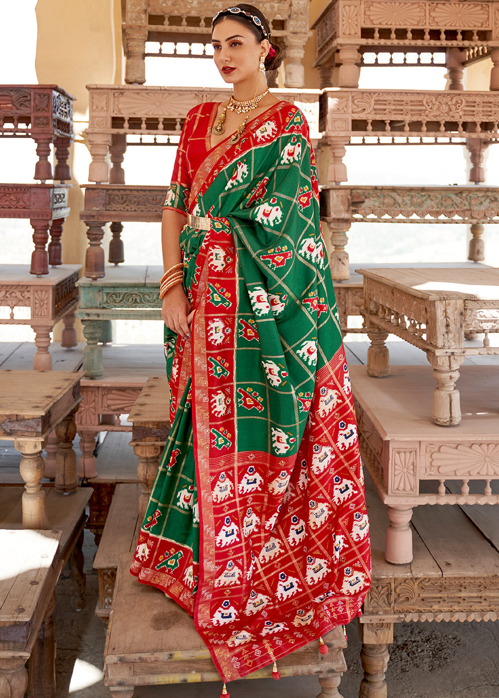 Buy MySilkLove Jewel Green and Red Printed Patola Silk Saree Online