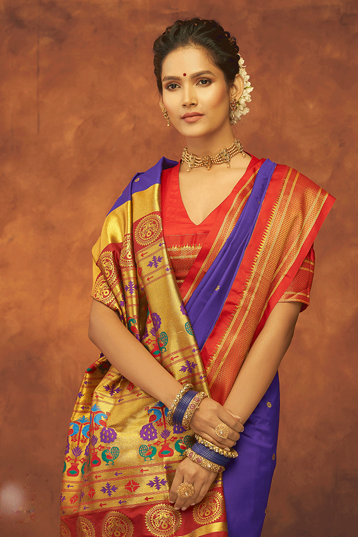 Buy MySilkLove Jacarta Blue and Red Zari Woven Paithani Saree Online