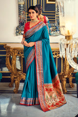 Bondi Blue Zari Woven Paithani Silk Saree