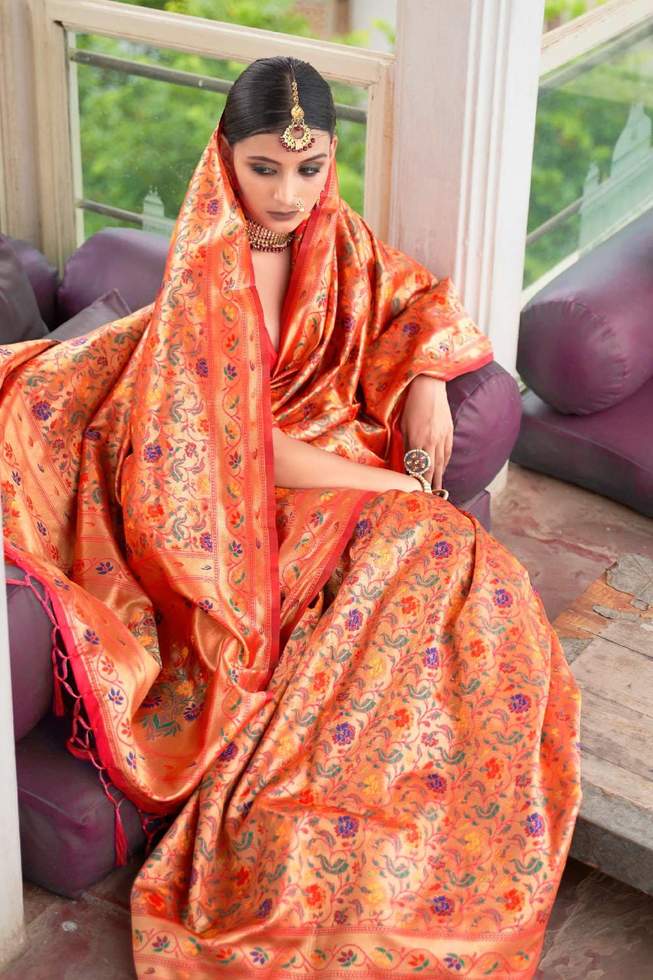 Redish golden Handloom woven Paithani Silk Saree