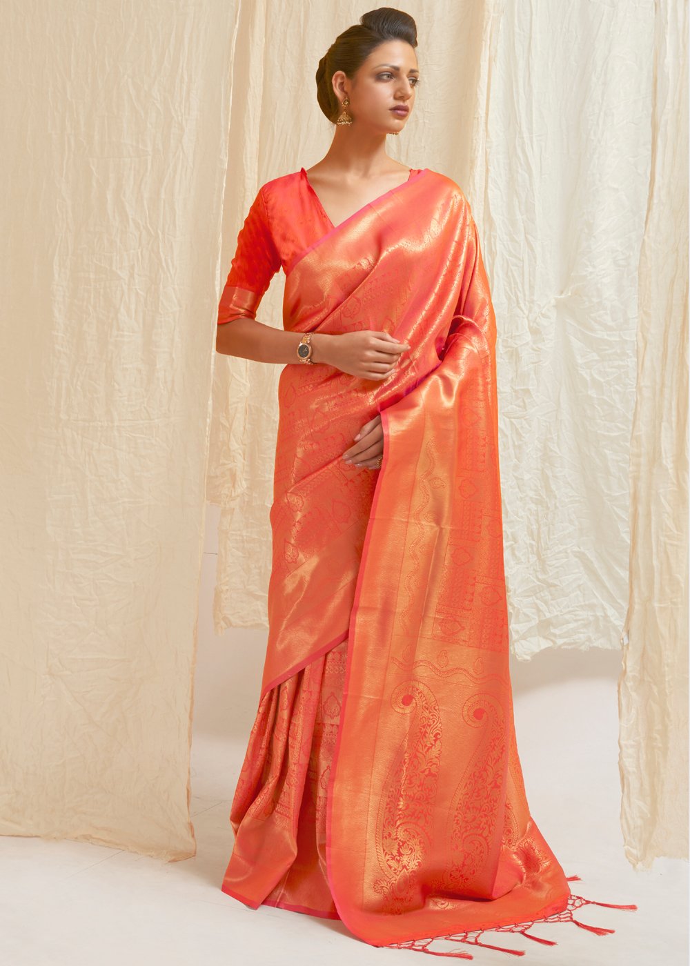 Buy MySilkLove Sunset Orange Zari Woven Kanjivaram Silk Saree Online