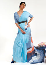 Cornflower Blue Printed Satin Silk Saree