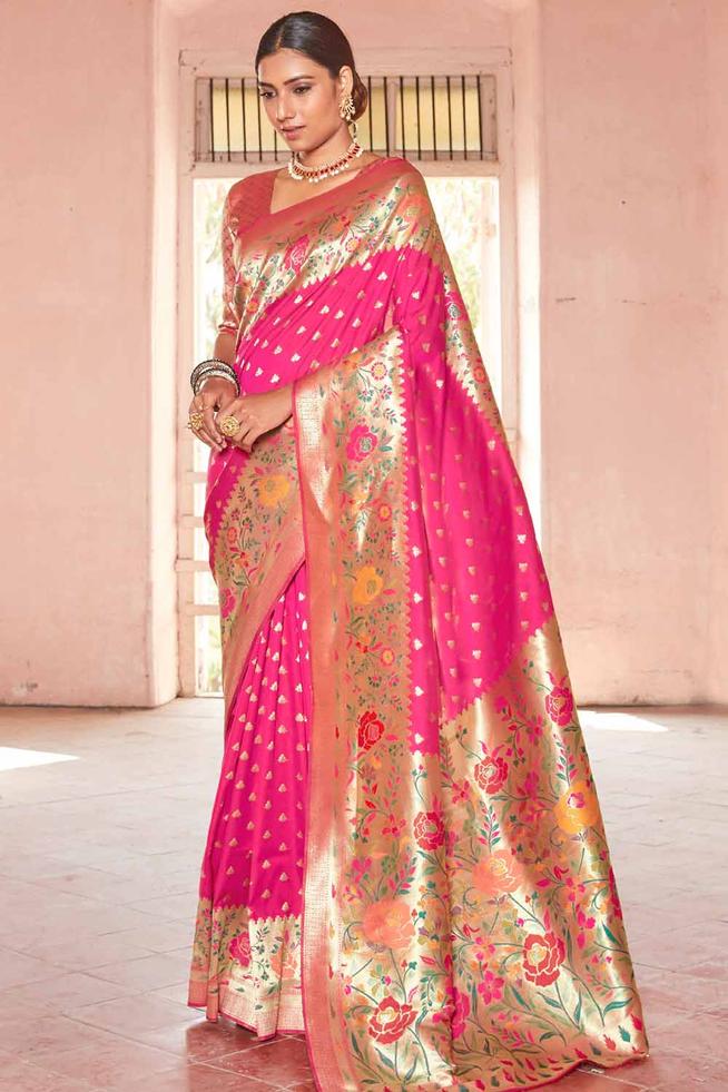 MySilkLove Deep Rose Pearl Zari Woven Paithani Saree