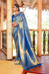 San Marino Blue Zari Woven Kanjivaram Silk saree