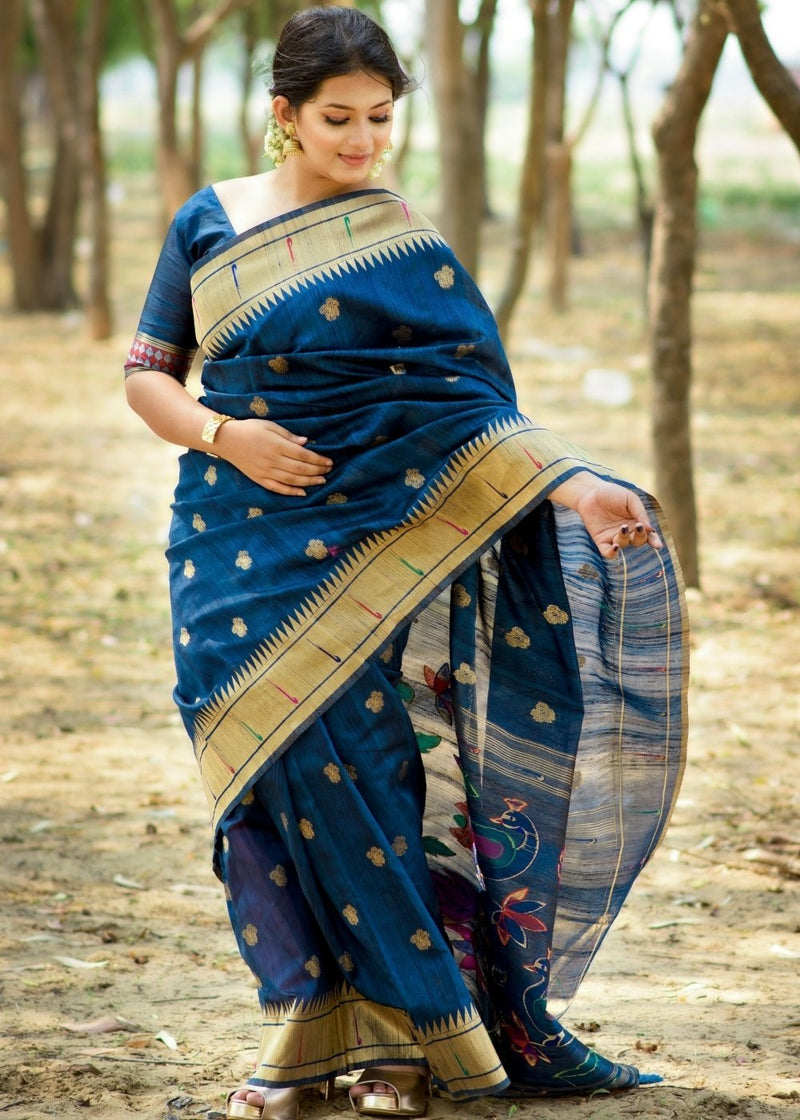 Buy NAvy Blue Pure Silk Festival Wear Paithani Saree Online From Wholesale  Salwar.