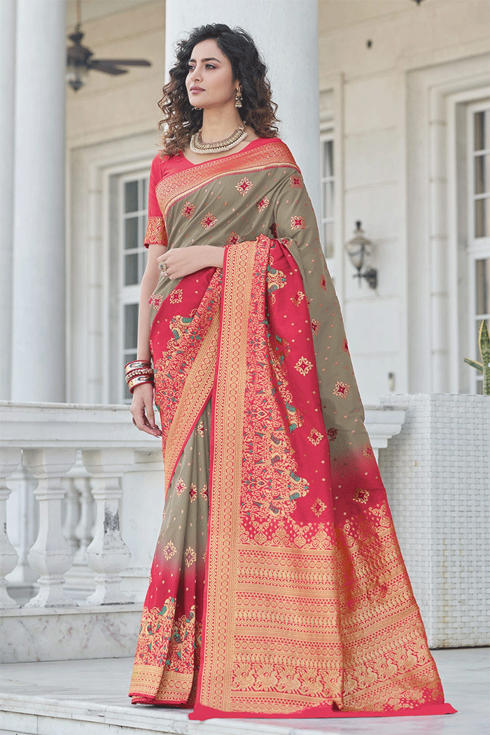 Buy MySilkLove Sand Dune Grey and Red Zari Woven Banarasi Saree Online