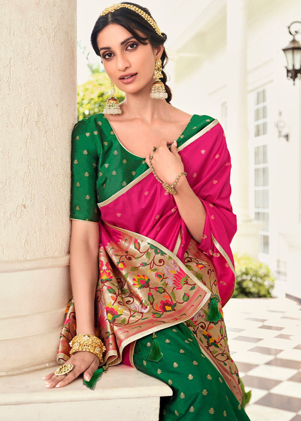 MySilkLove Spring Leaves Green and Pink Banarasi Silk Lehenga Choli