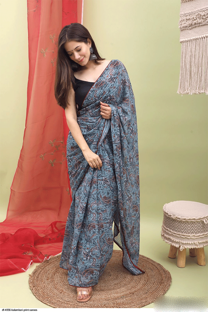 Buy MySilkLove Pale Sky Bluish Grey Kalamkari Print Saree Online