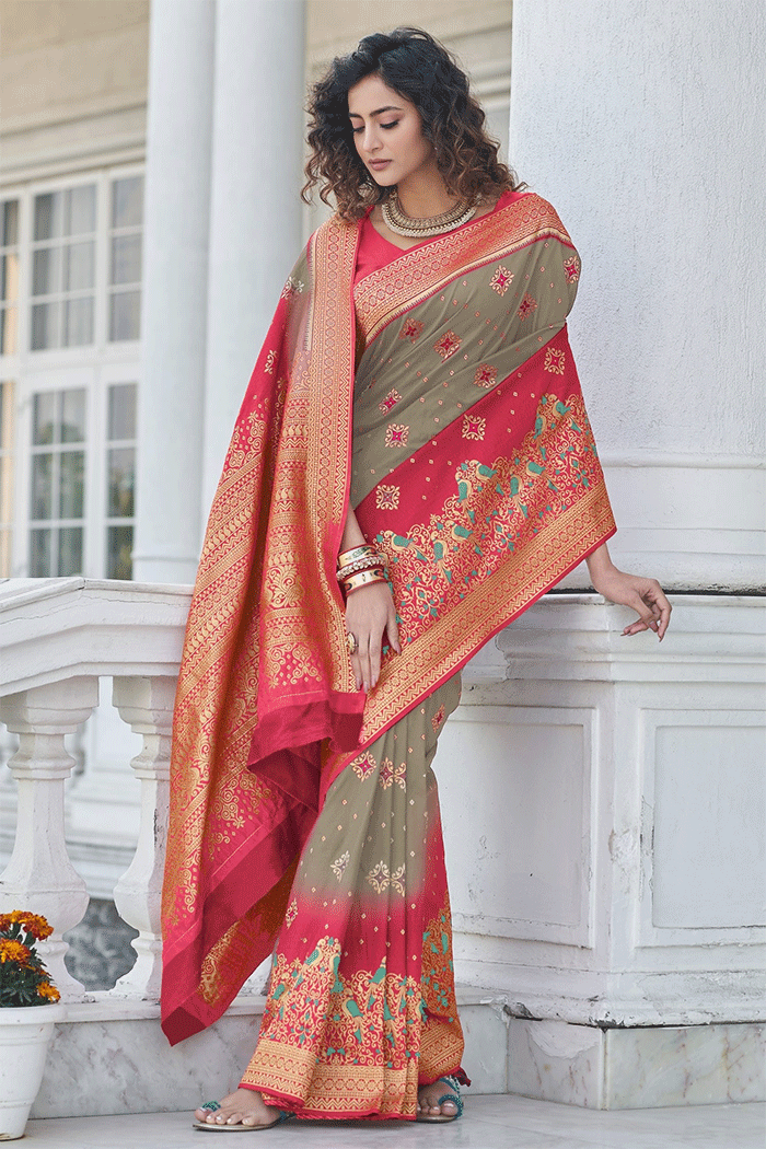 MySilkLove Sand Dune Grey and Red Zari Woven Banarasi Saree