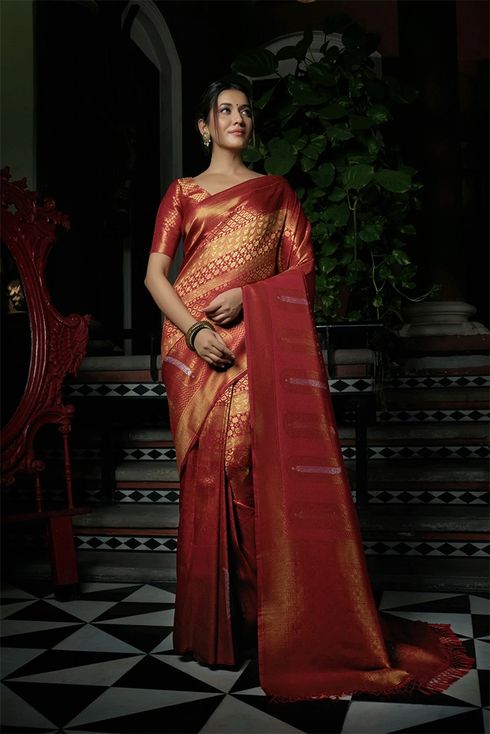 MySilkLove Stiletto Red Zari Woven Kanjivaram Saree