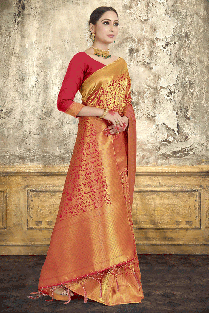 Mesmerizing White Plain Linen Saree with Golden Red Border Onam Special -  Loomfolks