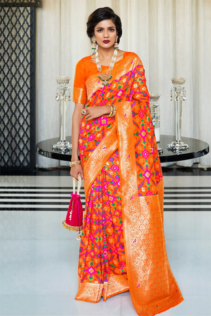 Buy MySilkLove Orange pink shaded Handloom Woven Patola saree - MySilkLove Online