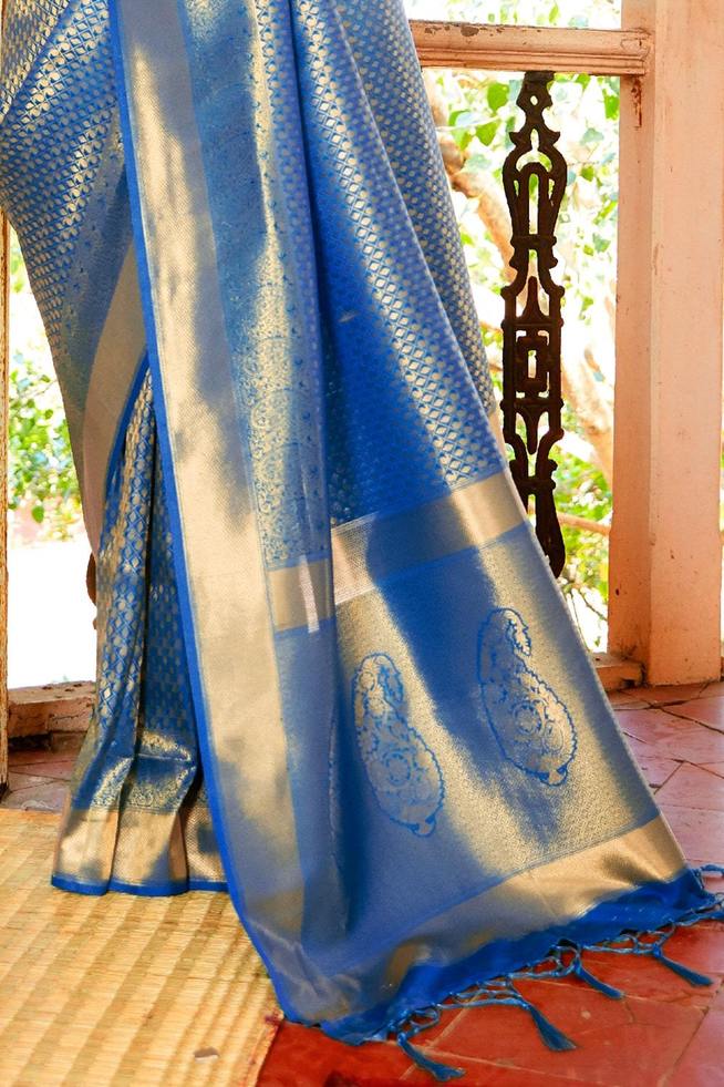 Buy MySilkLove San Marino Blue Zari Woven Kanjivaram Silk saree Online