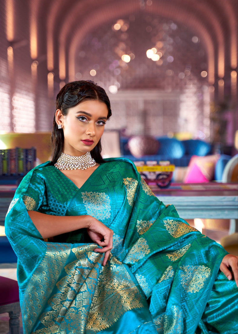 Blueish Green Zari Woven Banarasi Saree