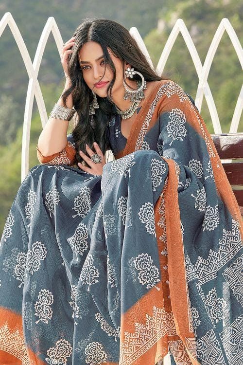 Buy MySilkLove Heather Grey Cotton Saree Online