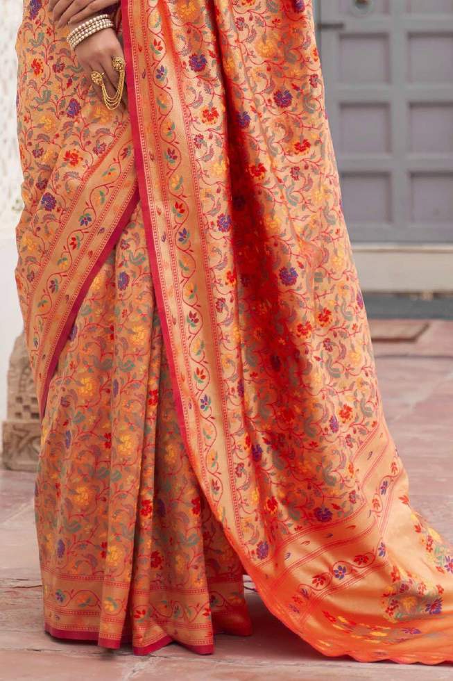 Redish golden Handloom woven Paithani Silk Saree