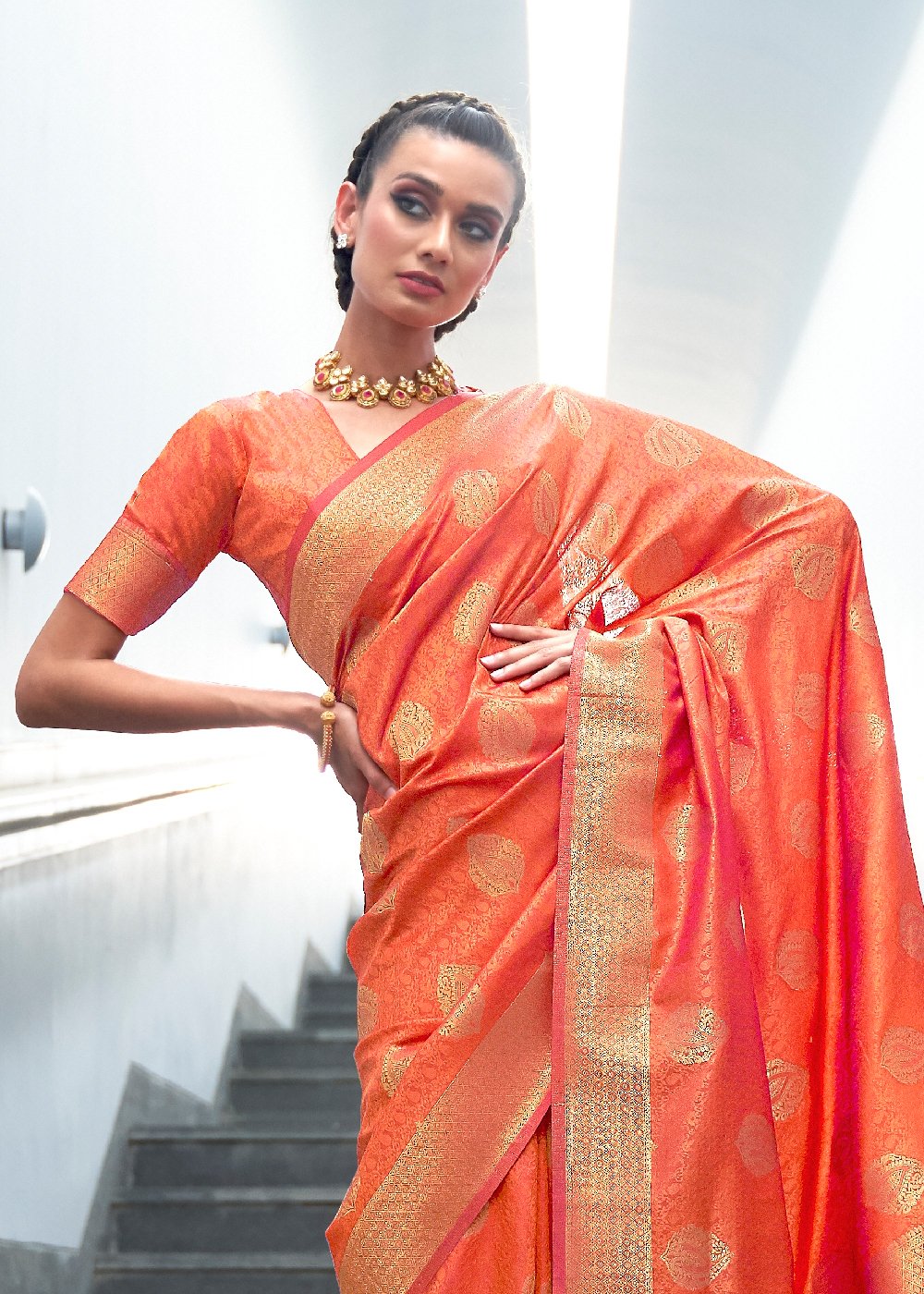 Buy MySilkLove Sunset Orange Zari woven Banarasi Saree Online