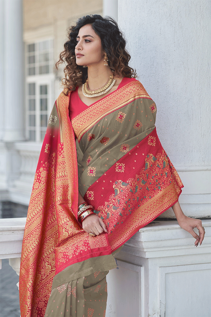 Buy MySilkLove Sand Dune Grey and Red Zari Woven Banarasi Saree Online