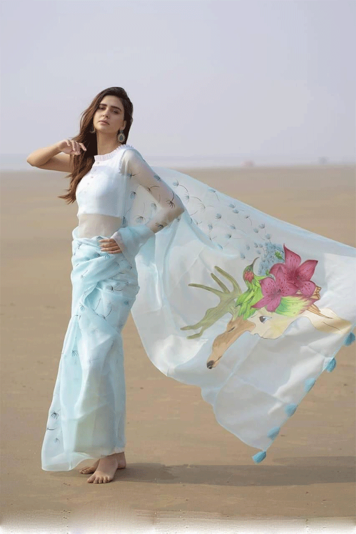 Buy MySilkLove Jungle Mist Blue Soft Organza Saree Online