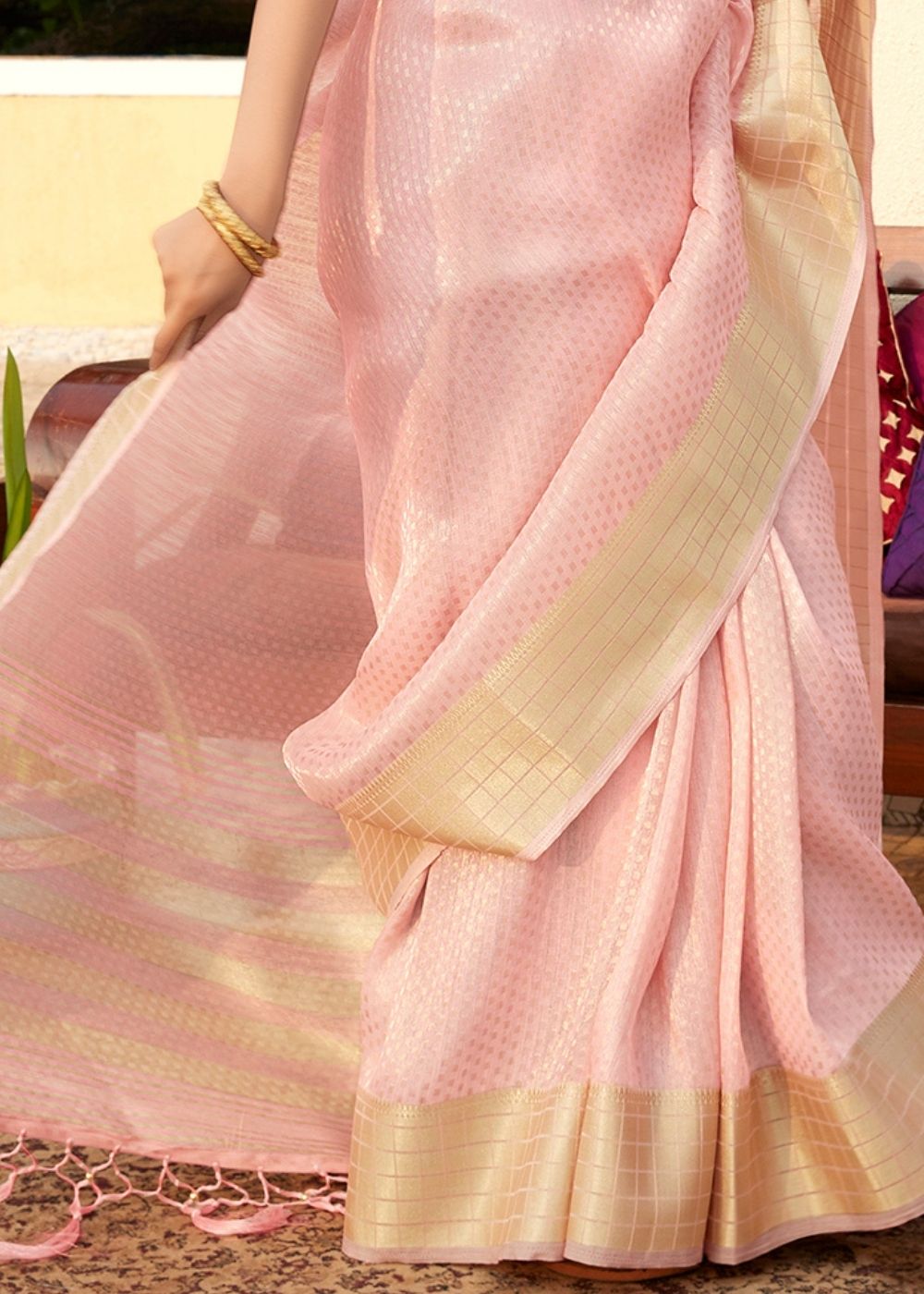 Buy MySilkLove Shilo Pink Zari Woven Chanderi Banarasi Saree Online