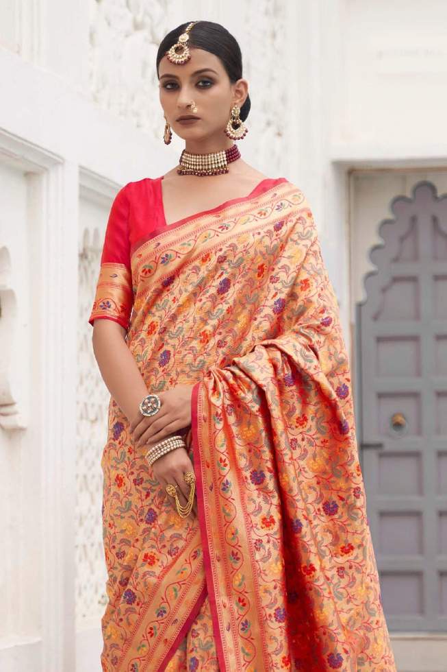 Redish golden Handloom woven Paithani Silk Saree
