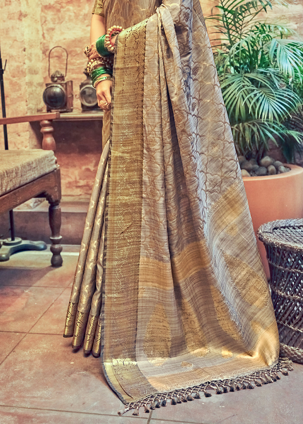 Buy MySilkLove Sorrell Grey Woven Banarasi Silk Saree Online