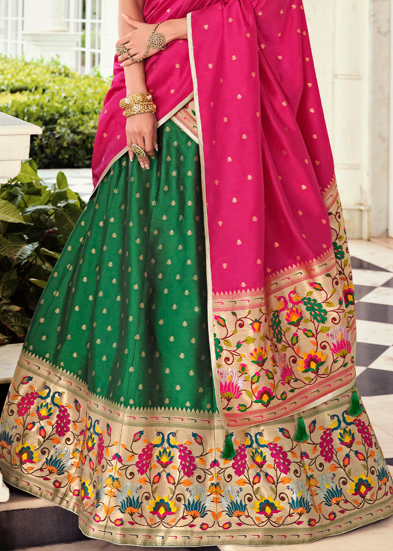 Banarasi Silk Fabric Sangeet Wear Weaving Work Designer Lehenga In Dark  Green Color