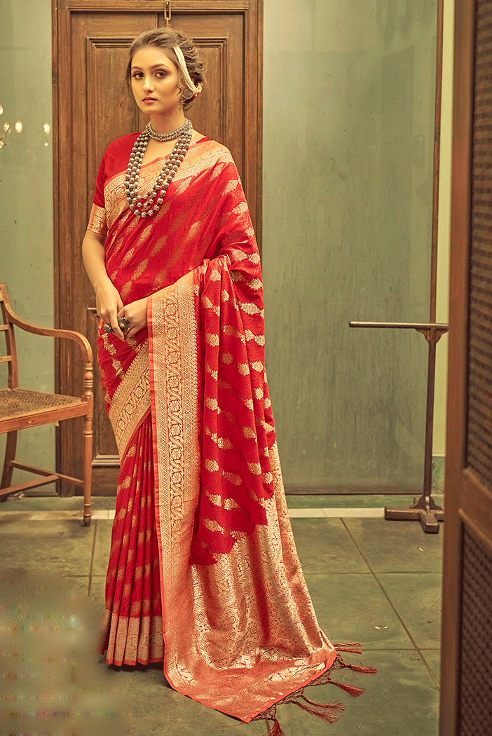 Buy MySilkLove Crimson Red Zari Woven Banarasi Saree Online