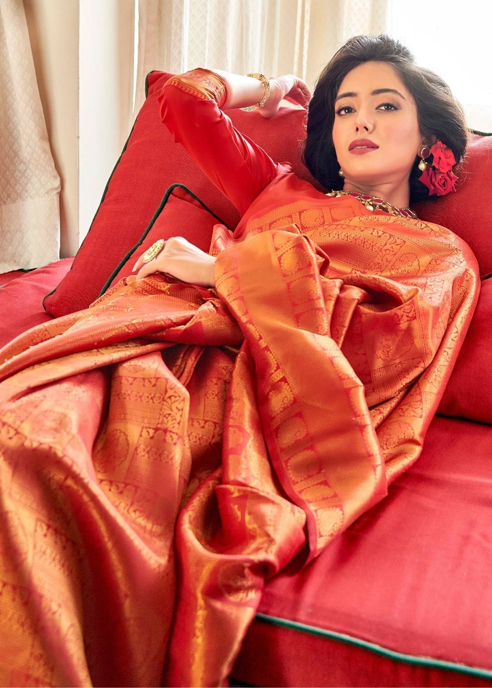 Buy MySilkLove Punch Red Zari Woven Handloom Kanjivaram Silk Saree Online