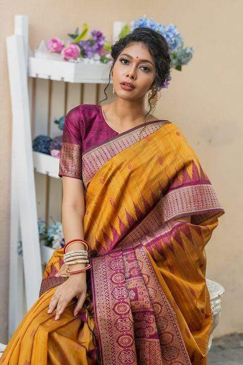 Buy MySilkLove Fire Bush Yellow Banarasi Raw Silk saree Online