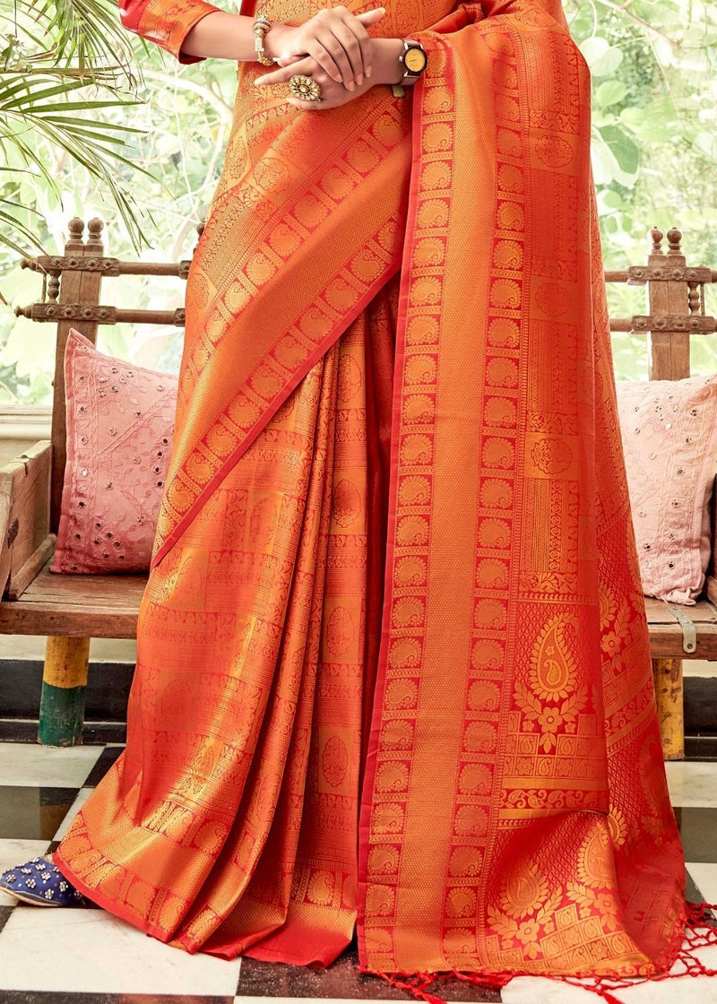 Punch Red Zari Woven Handloom Kanjivaram Silk Saree