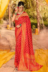 Flamingo Red Zari Woven Kanjivaram Saree