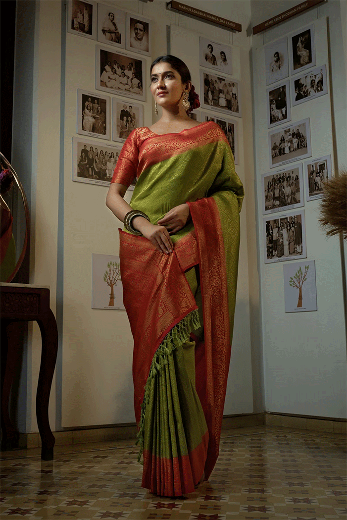 Bronze Olive Green Handloom Woven Kanjivaram Saree