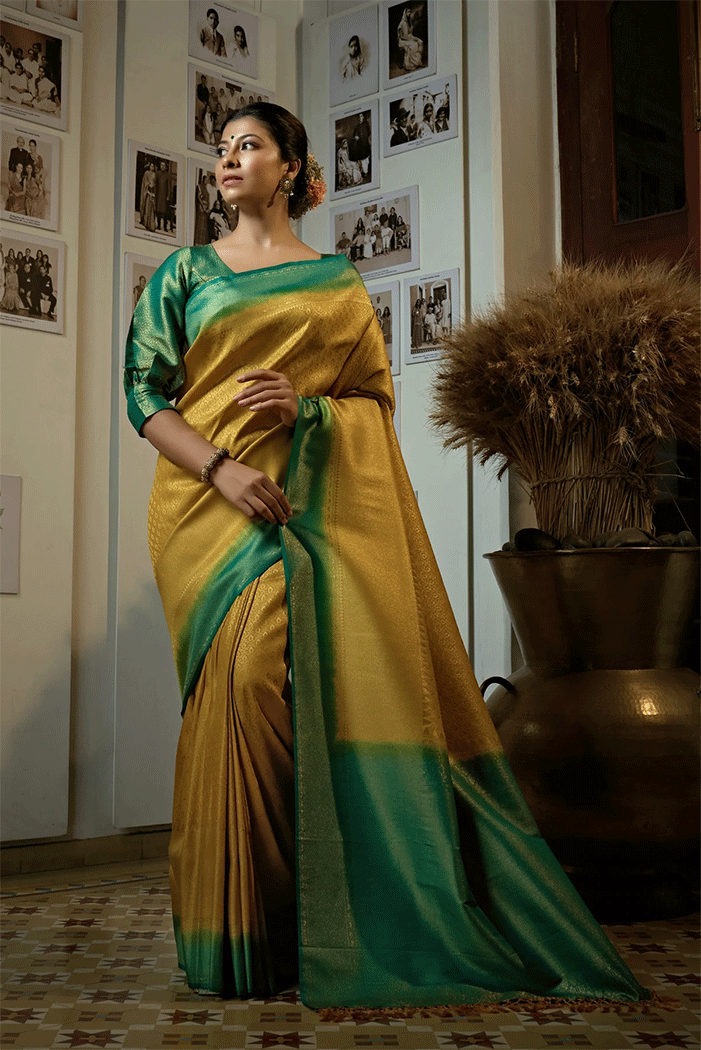 Kumera Yellow and Blue Zari Woven Kanjivaram Saree