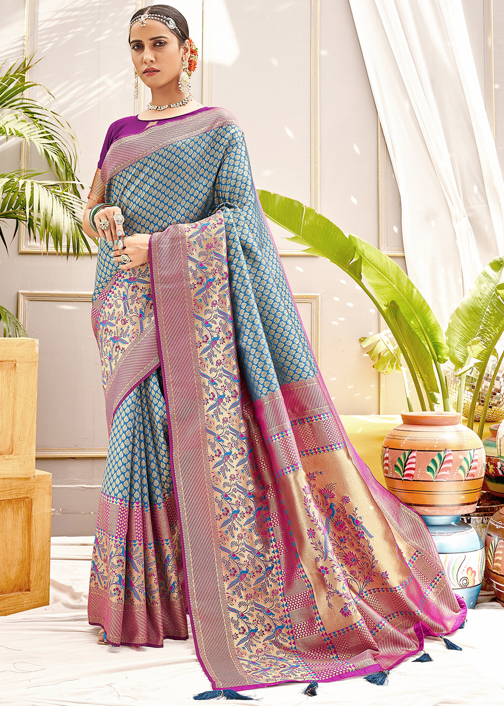 Buy MySilkLove Granny Blue and Purple Zari Woven Banarasi Saree Online