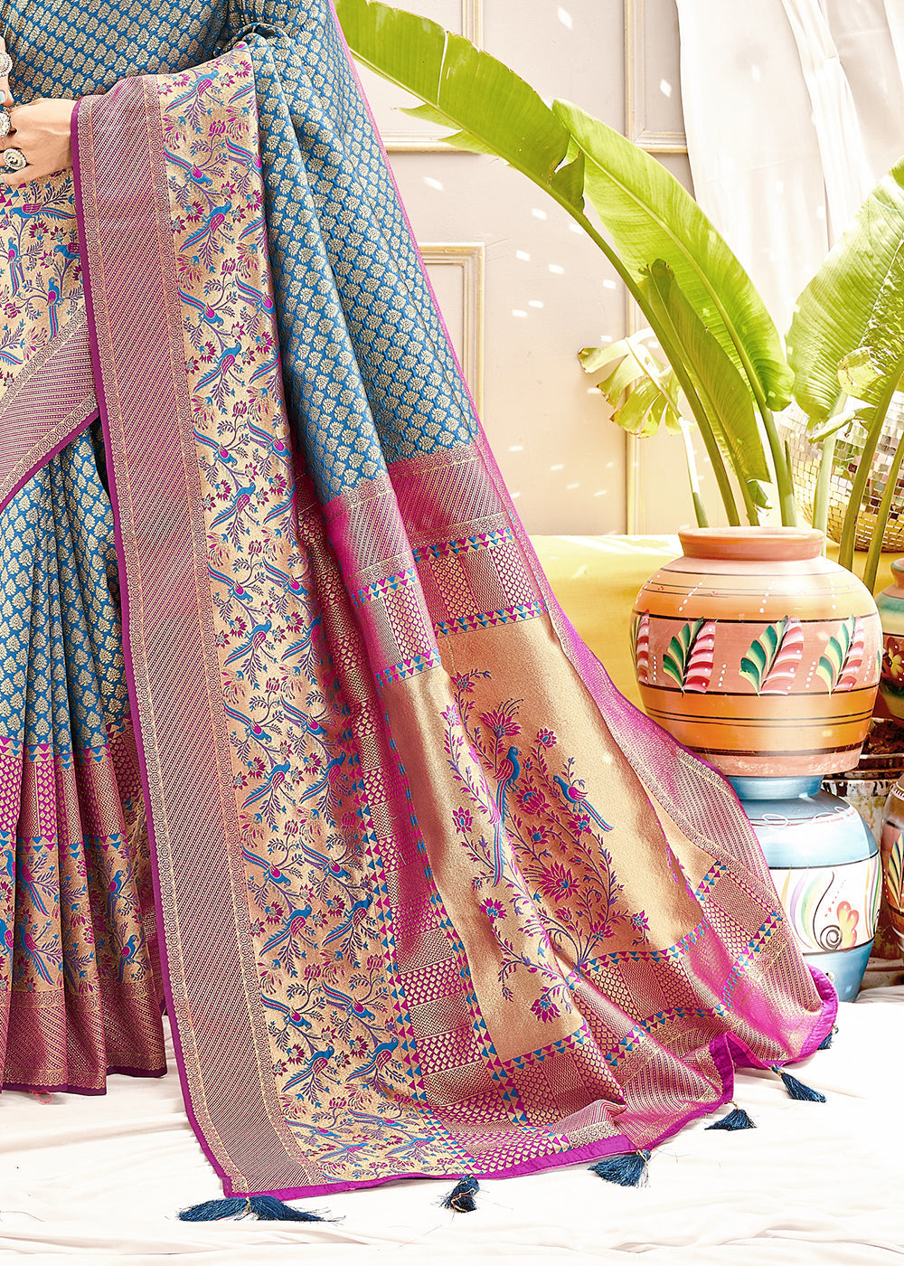 Buy MySilkLove Granny Blue and Purple Zari Woven Banarasi Saree Online