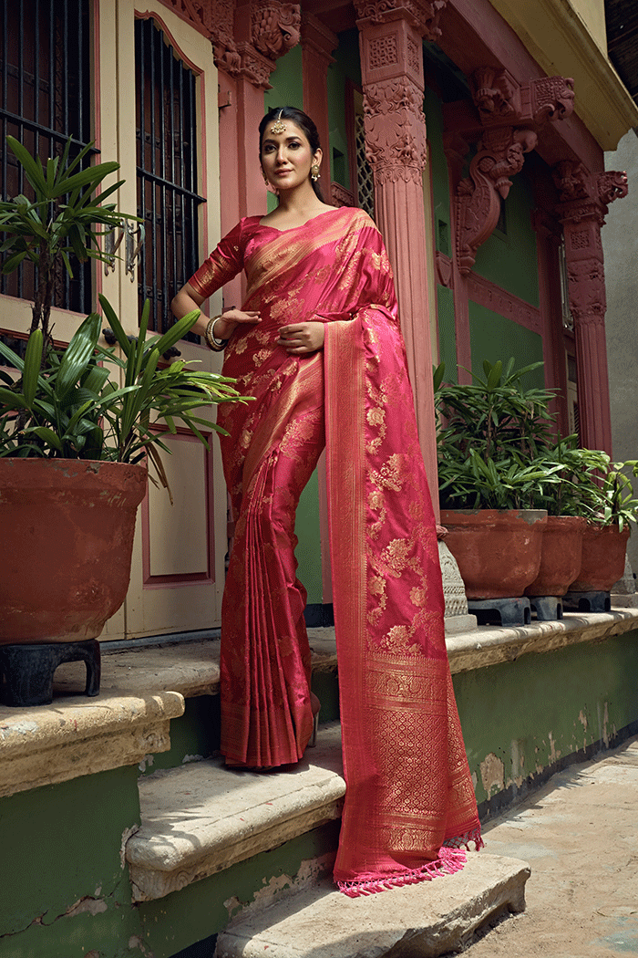 Buy MySilkLove Brick Pink Handloom Woven Banarasi Saree Online