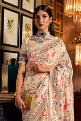Pancho Cream Woven Banarasi Saree