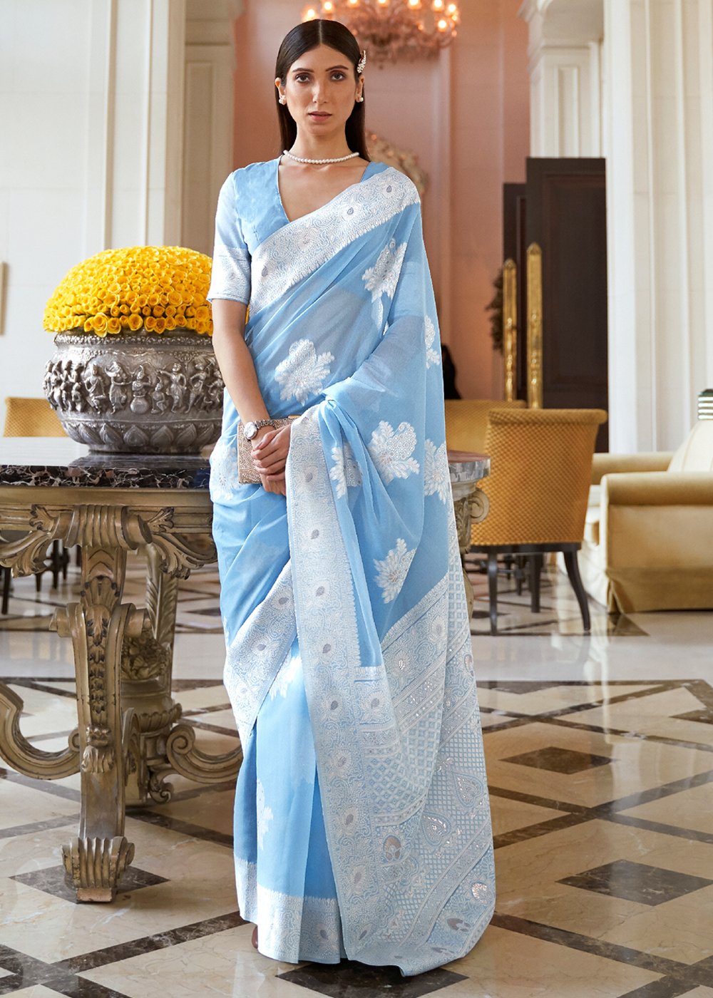 Buy MySilkLove Cerulean Frost Blue Woven Chikankari Saree Online