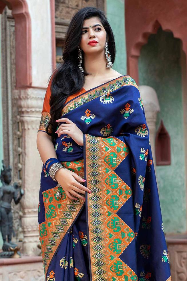 Buy MySilkLove Bunting Blue Handloom woven Patola saree Online