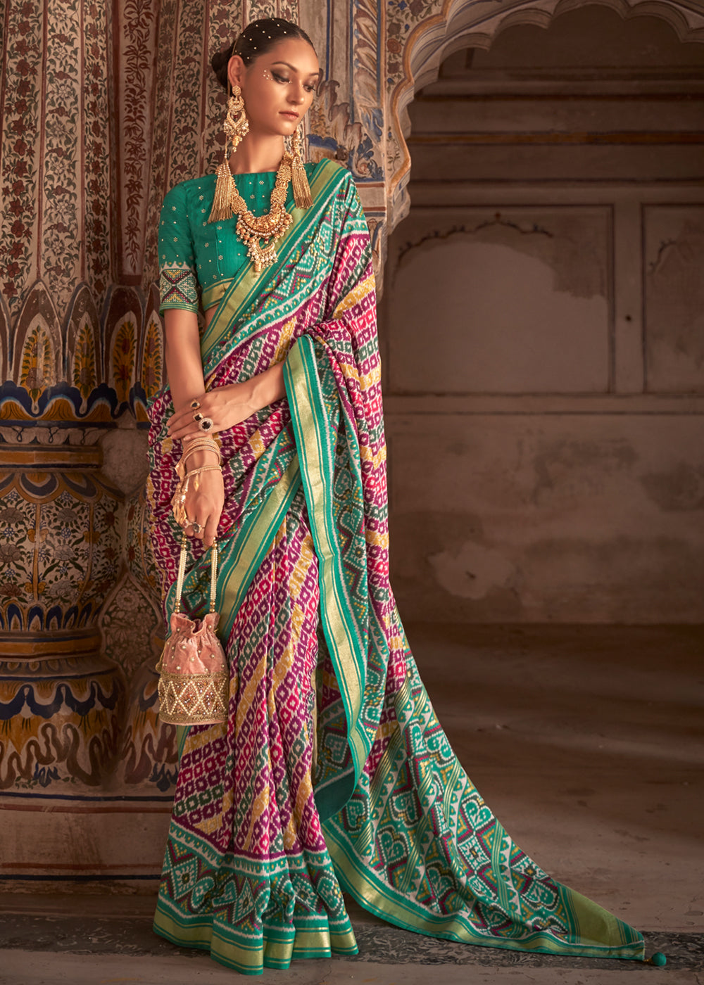 Buy MySilkLove Silver Tree Green and Pink Patola Silk Saree Online