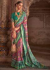 Silver Tree Green and Pink Patola Silk Saree