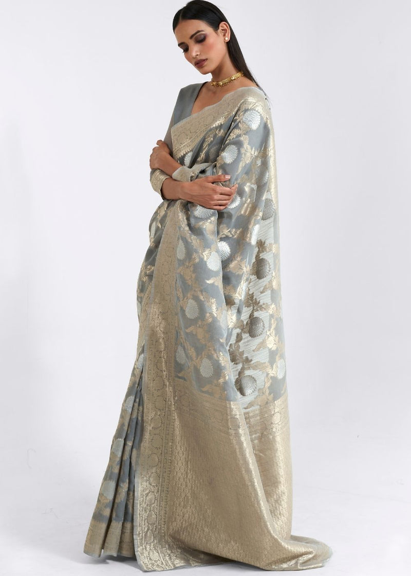 Gray Olive Zari Woven Linen Saree
