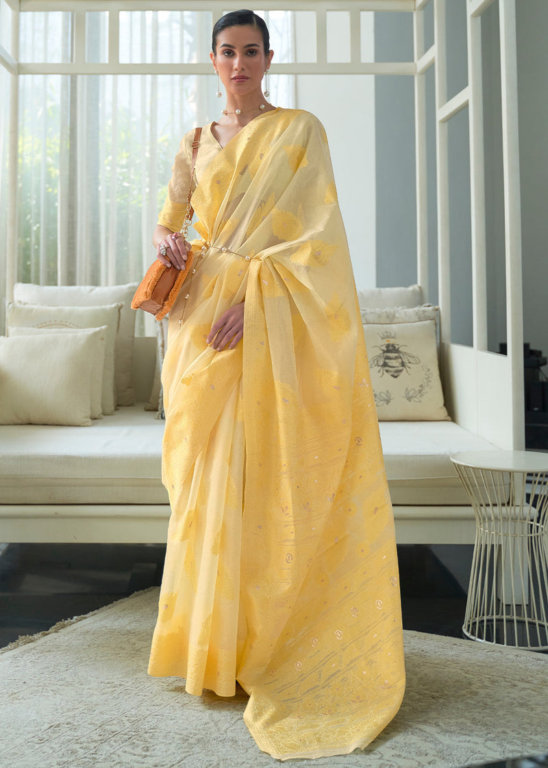 Goldenrod Yellow Lucknowi Chikankari Woven Silk Saree