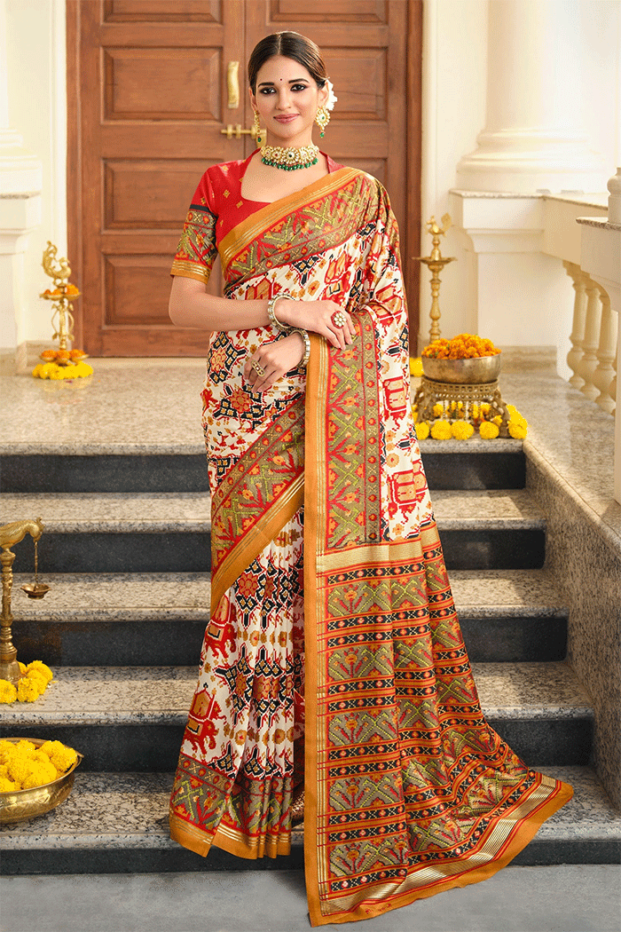 Buy MySilkLove Apricot White and Orange Patola Silk Saree Online