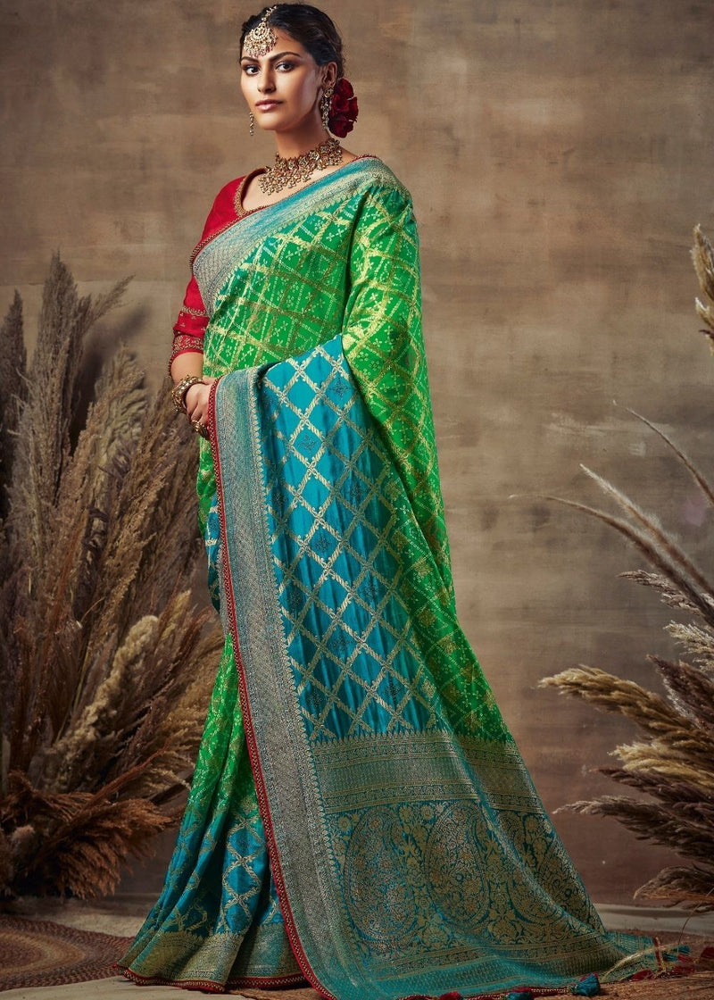 Chateau Green Designer Bandhani print banarasi fusion saree