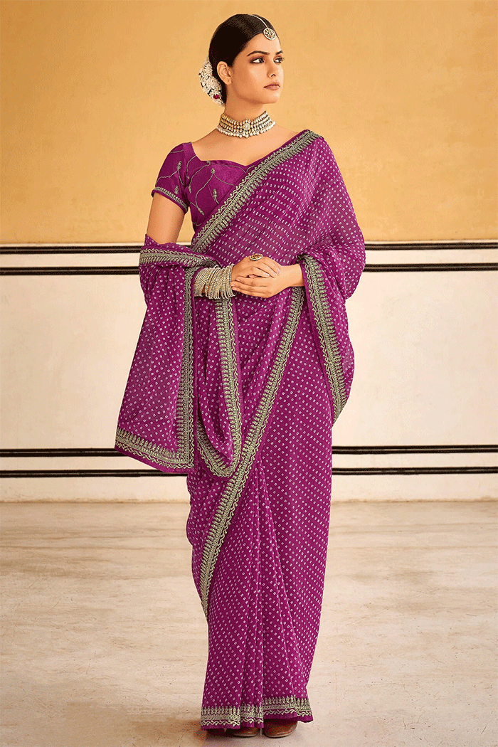 Vin Purple Georgette Leheriya Printed Saree with Embroidered Blouse