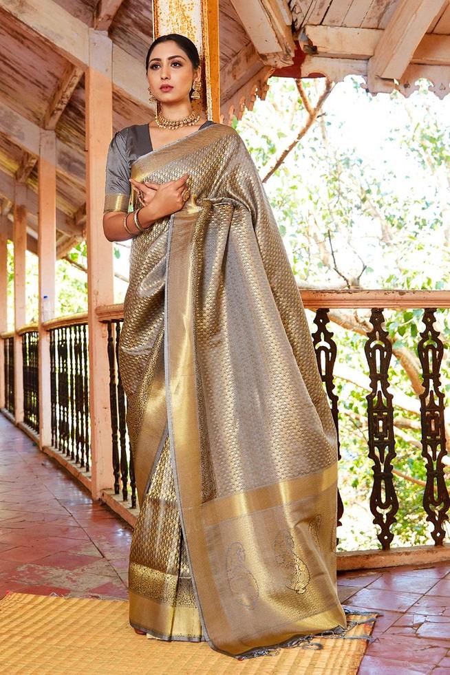 Pale Oyster Grey Zari Woven Kanjivaram silk Saree