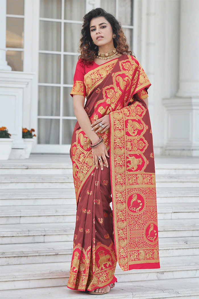 Buy MySilkLove Lotus Brown and Red Zari Woven Banarasi Saree Online