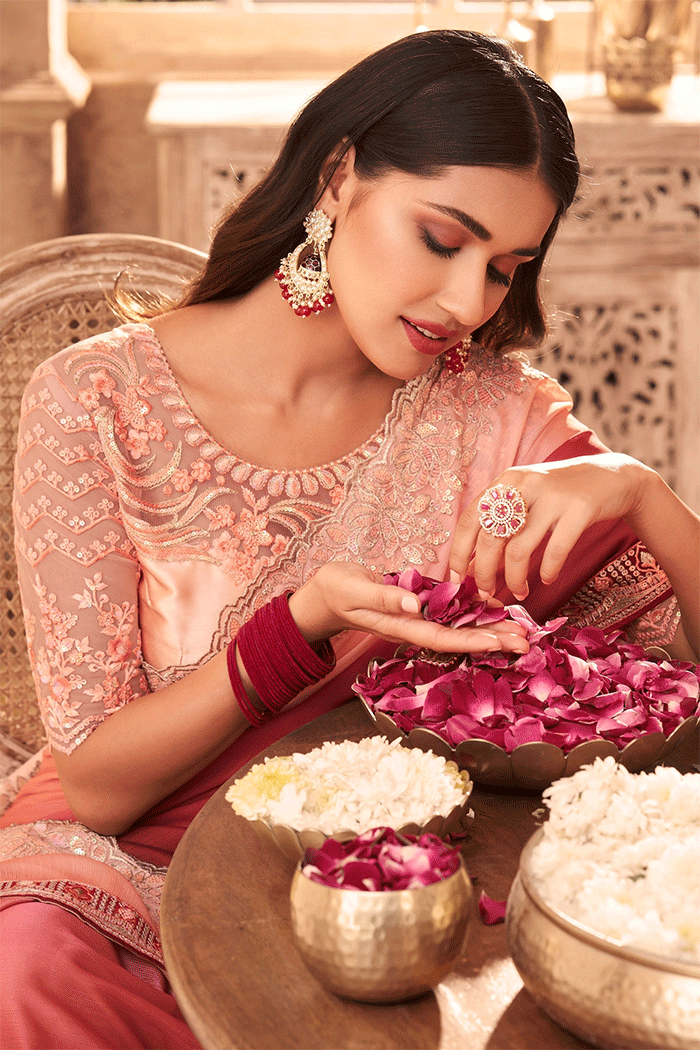 Rose Bud Pink and Brown Designer Partywear Saree